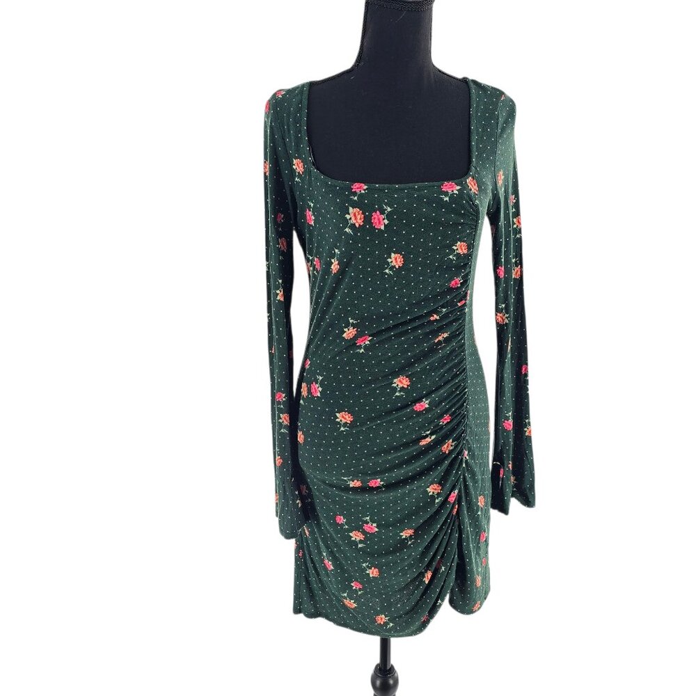 FREE PEOPLE Women's Small Green‎ Floral Print Celia Long Sleeve Mini Dress